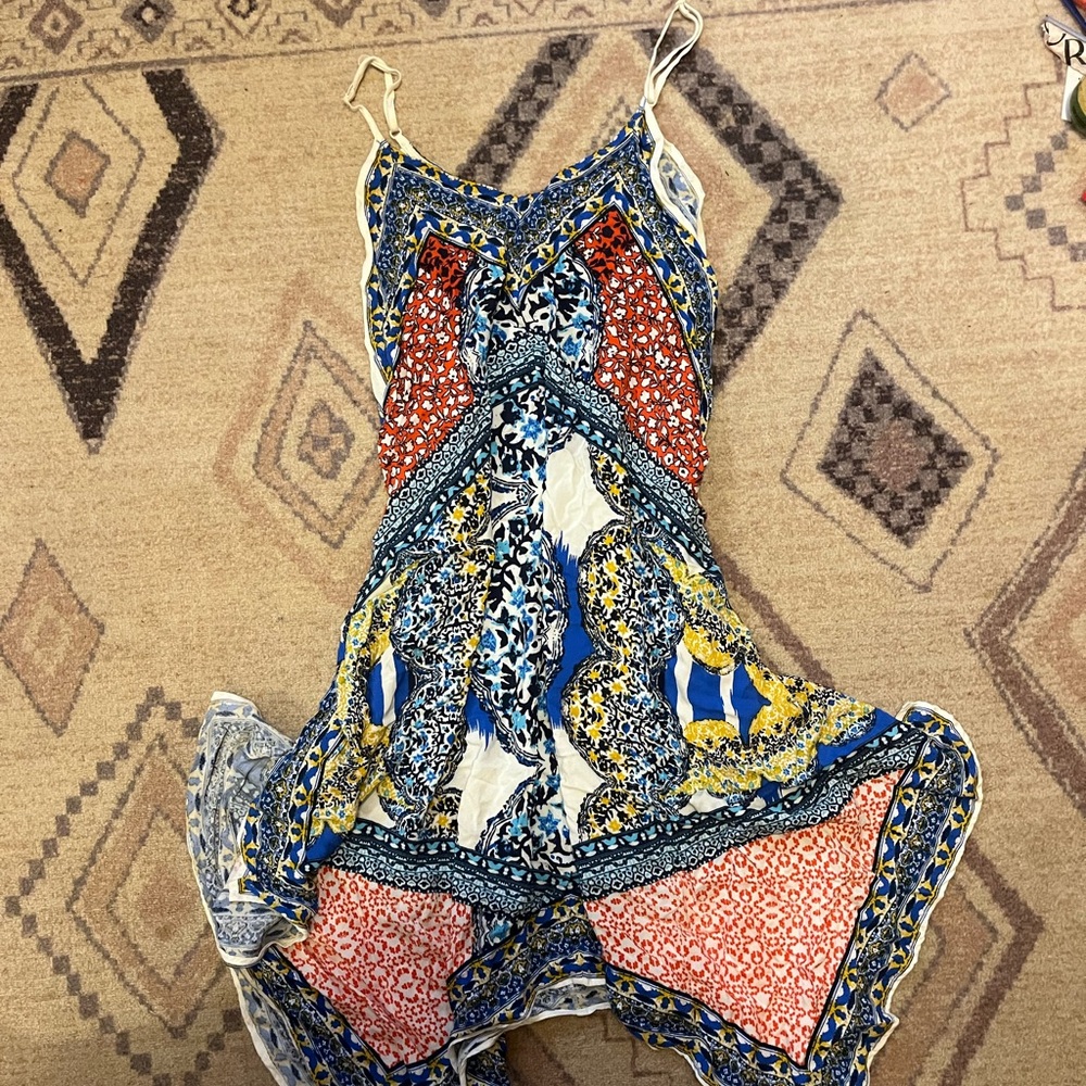 Handkerchief pattern blue and multicolored v neck summer dress casual comfy midi